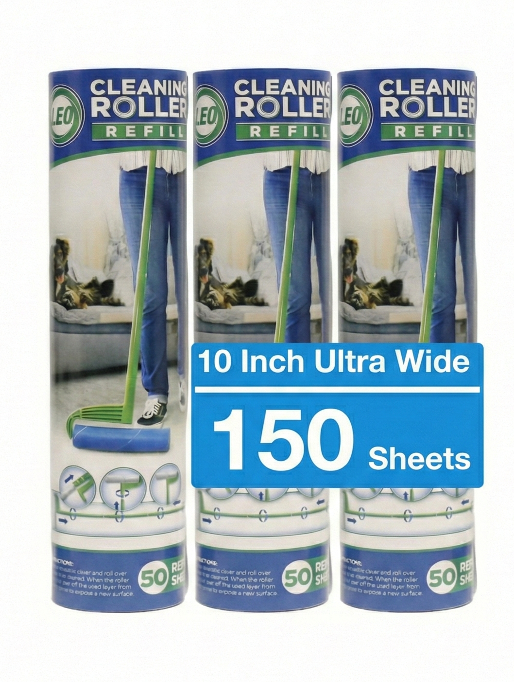 10 Inch Extra Wide Lint Roller Refills for Pet Hair – 3 Pack (150 Sheets) | LEO