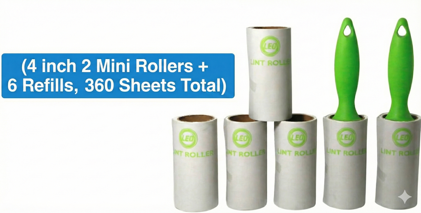 4 Inch Mini Lint Roller Set for Pet Hair – 2 Rollers + 6 Refills (360 Sheets) | LEO