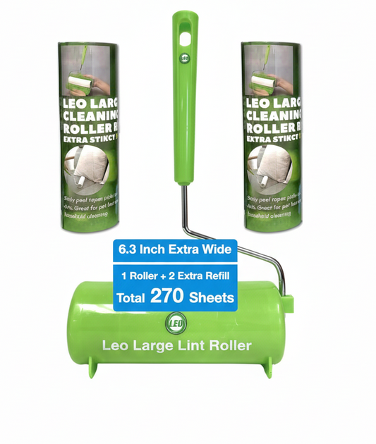 Leo 6.3-Inch Wide Lint Roller Set – 1 Roller + 2 Refills (270 Sheets) for Pet Hair