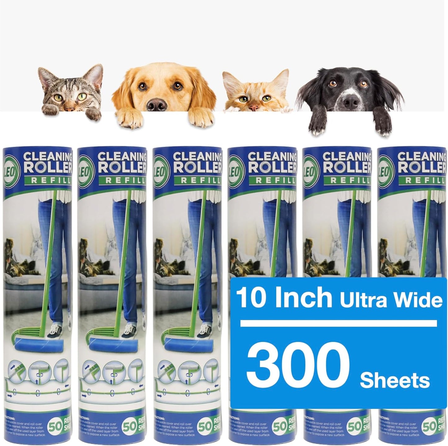 10 Inch Extra Wide Lint Roller Refills for Pet Hair – 6 Pack (300 Sheets) | LEO