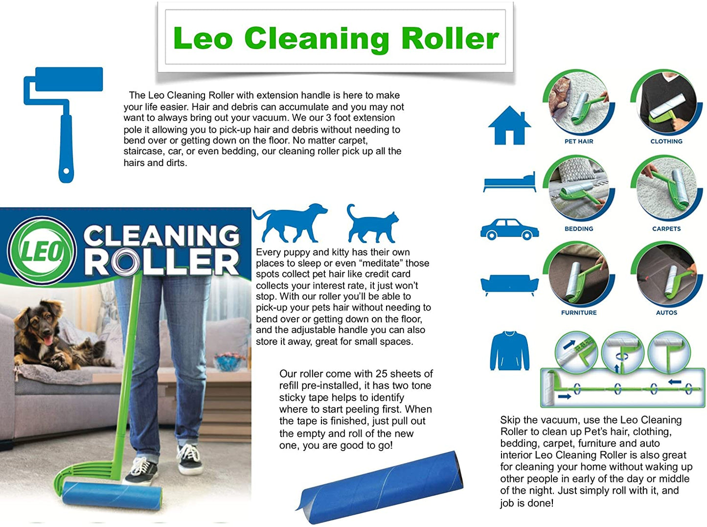 10 Inch Wide Lint Roller for Pet Hair – Single Roller Starter Size | LEO