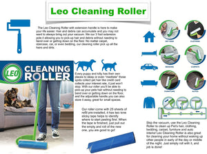Leo MegaClean 10-Inch Wide Lint Roller Refills 25 Sheets with extendable Handle to 44 inch for Lint Remover Household Cleaning Easily Remove Pet Hair Dust and Debris from Floors Carpets and Furniture