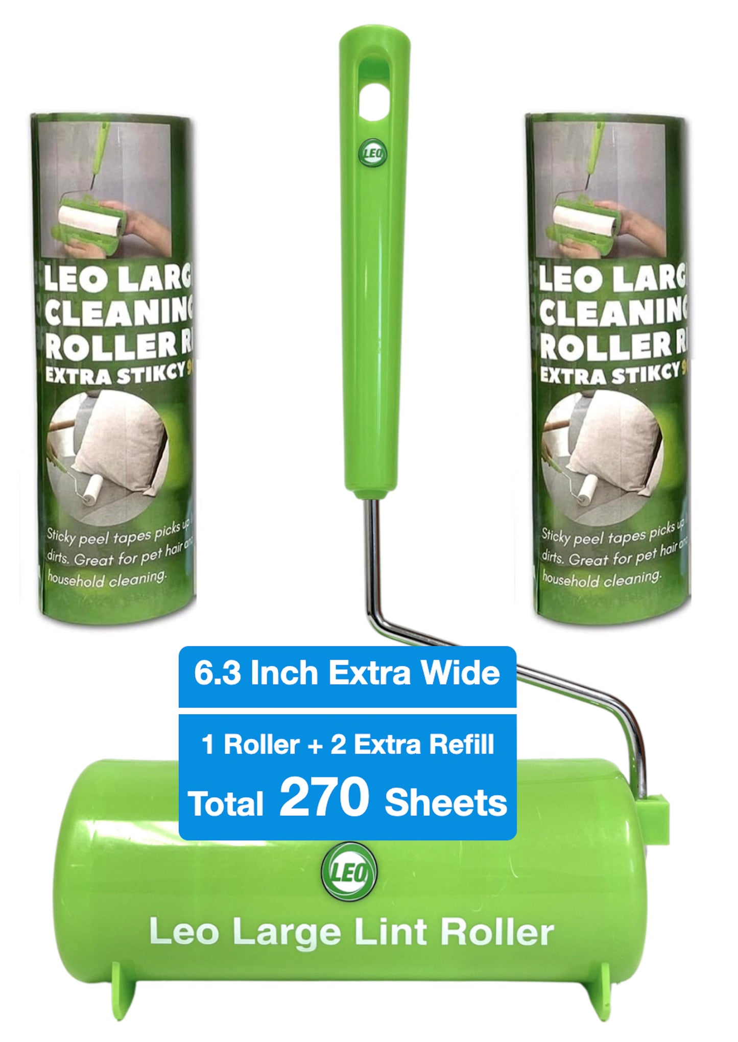 6.3 Inch Wide Lint Roller Set for Pet Hair – Roller + 2 Refills (270 Sheets) | LEO