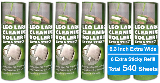 Leo 6.3-Inch Wide Lint Roller Refills – 6 Pack (540 Sheets) | Pet Hair Removal